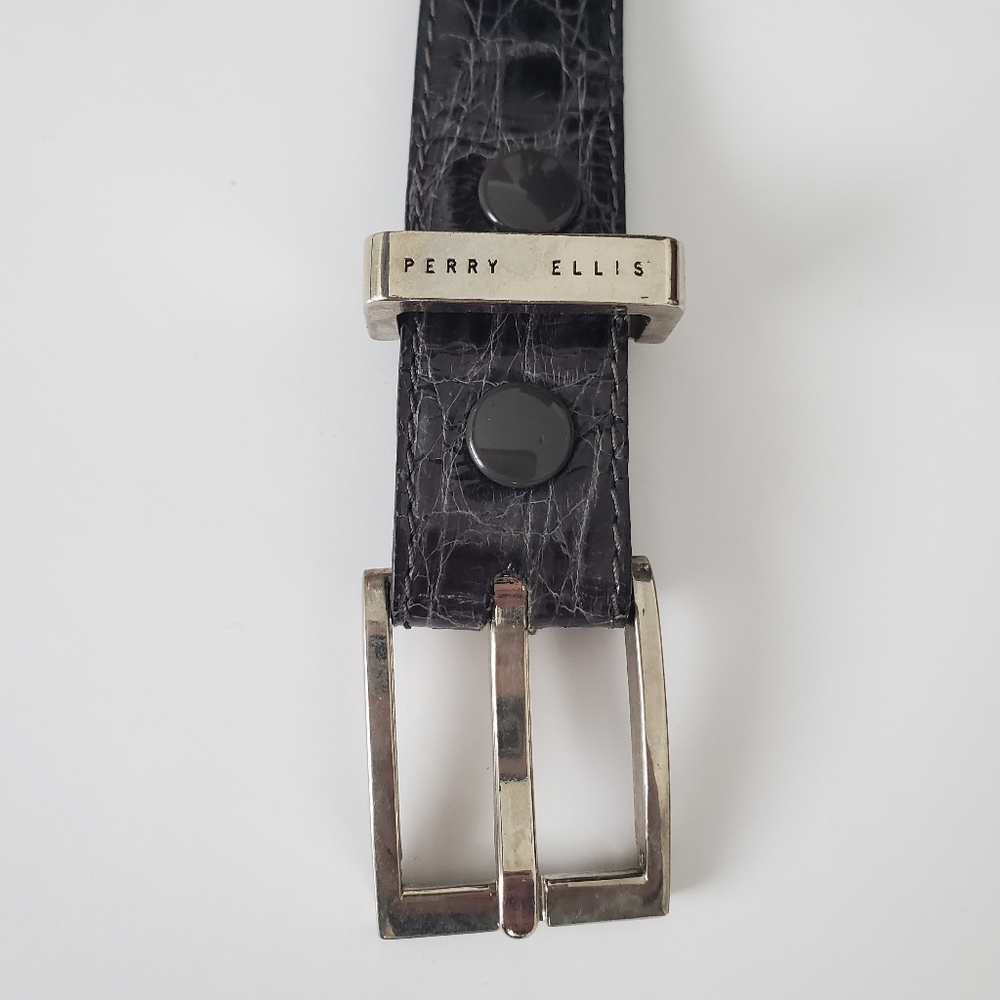PERRY ELLIS Women's Black Leather Croc Belt Silvertone Square Buckle Distressed - Picture 6 of 8